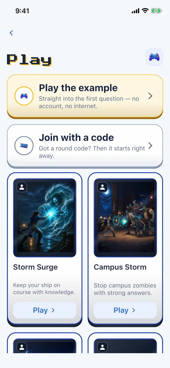 Play screen of the app with the Storm Surge and Campus Storm game cards